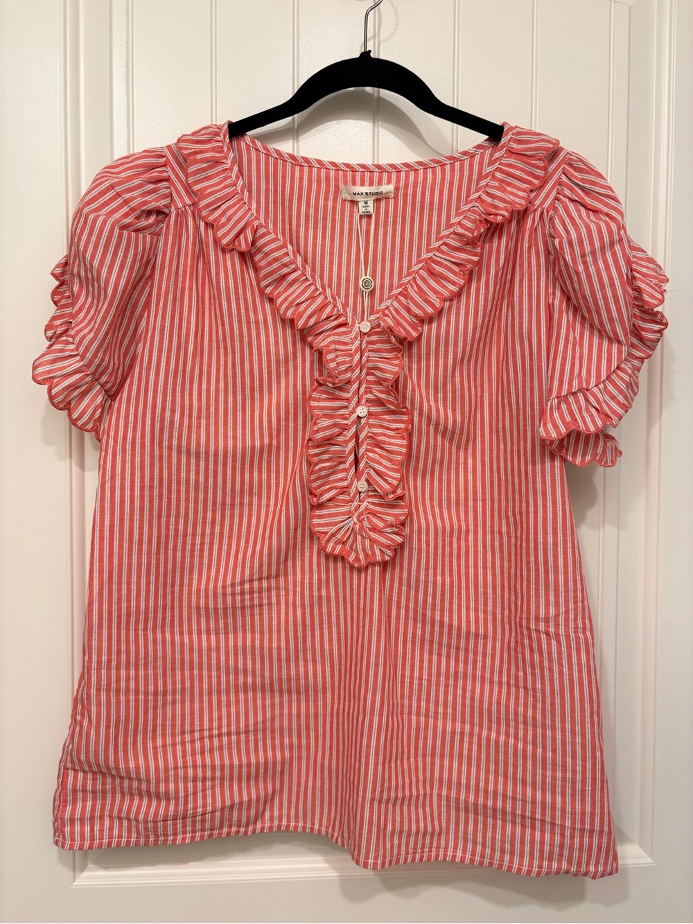 Max Studio Red/Coral White Striped Ruffle Cotton Top NWT Size Medium